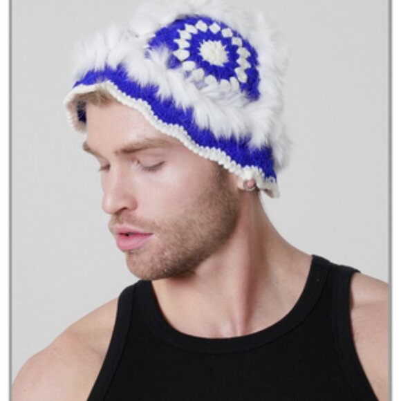 Blue Feathered Hand Knitted Bucket Hat - Picture 2 of 2